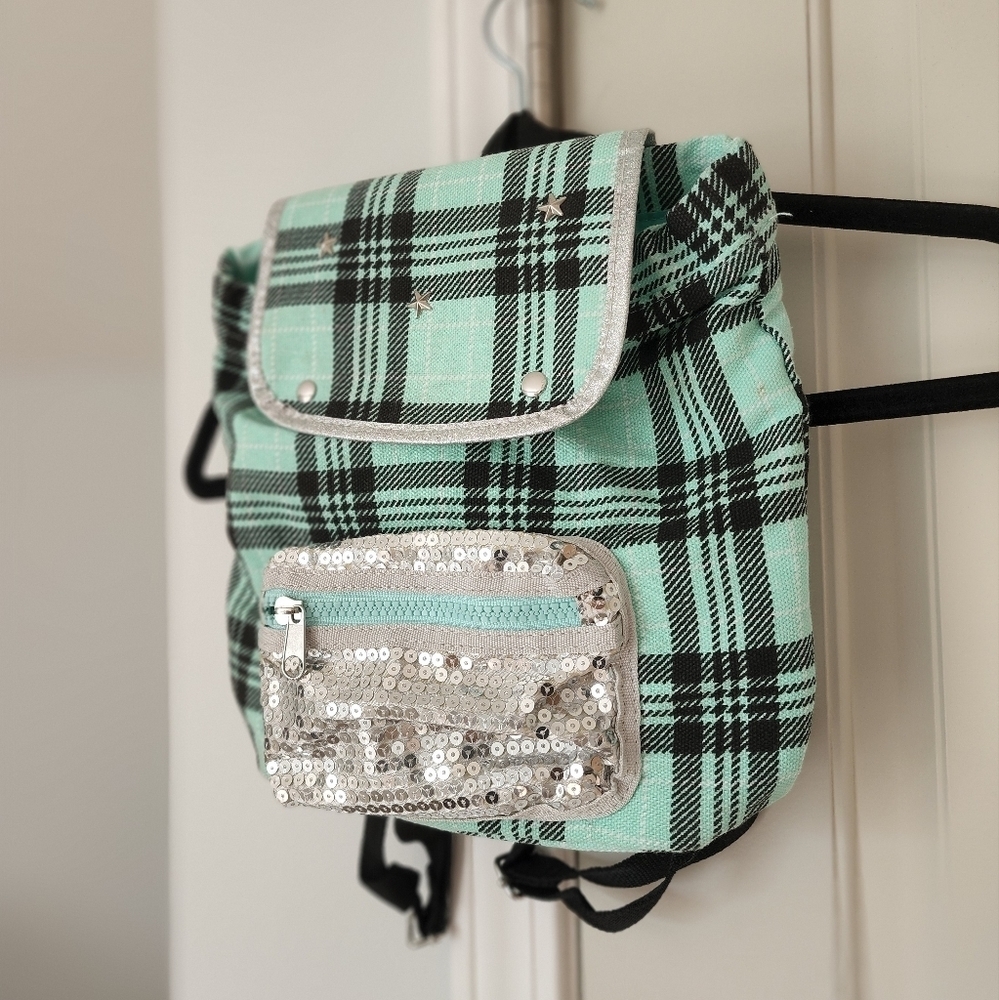Mint Green and Black Tartan Plaid Kids Backpack